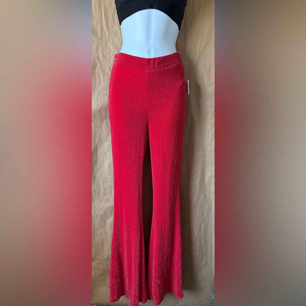 Bar III SPARKLE cherry red pull on flare pants with silver shimmer XS
